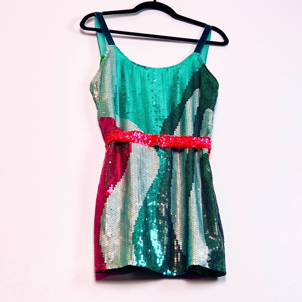 80s Barbie disco studio 54 sequin mini dress with pink sequin elastic waist belt